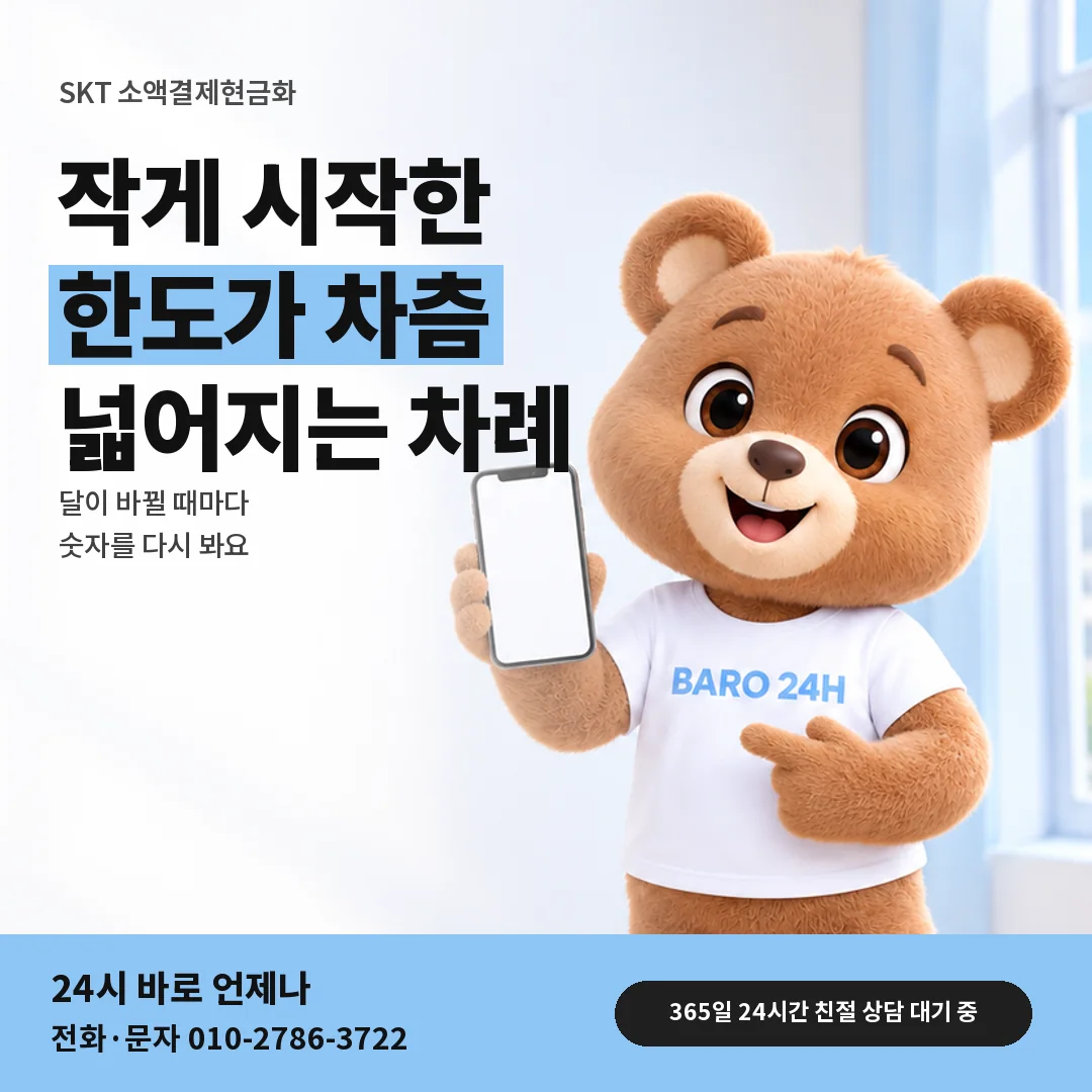 휴대폰을 보며 웃는 BARO 24H 티셔츠를 입은 3D 곰 캐릭터 옆에 「SKT 한도 늘어나는 차례」 제목을 얹은 안내 카드