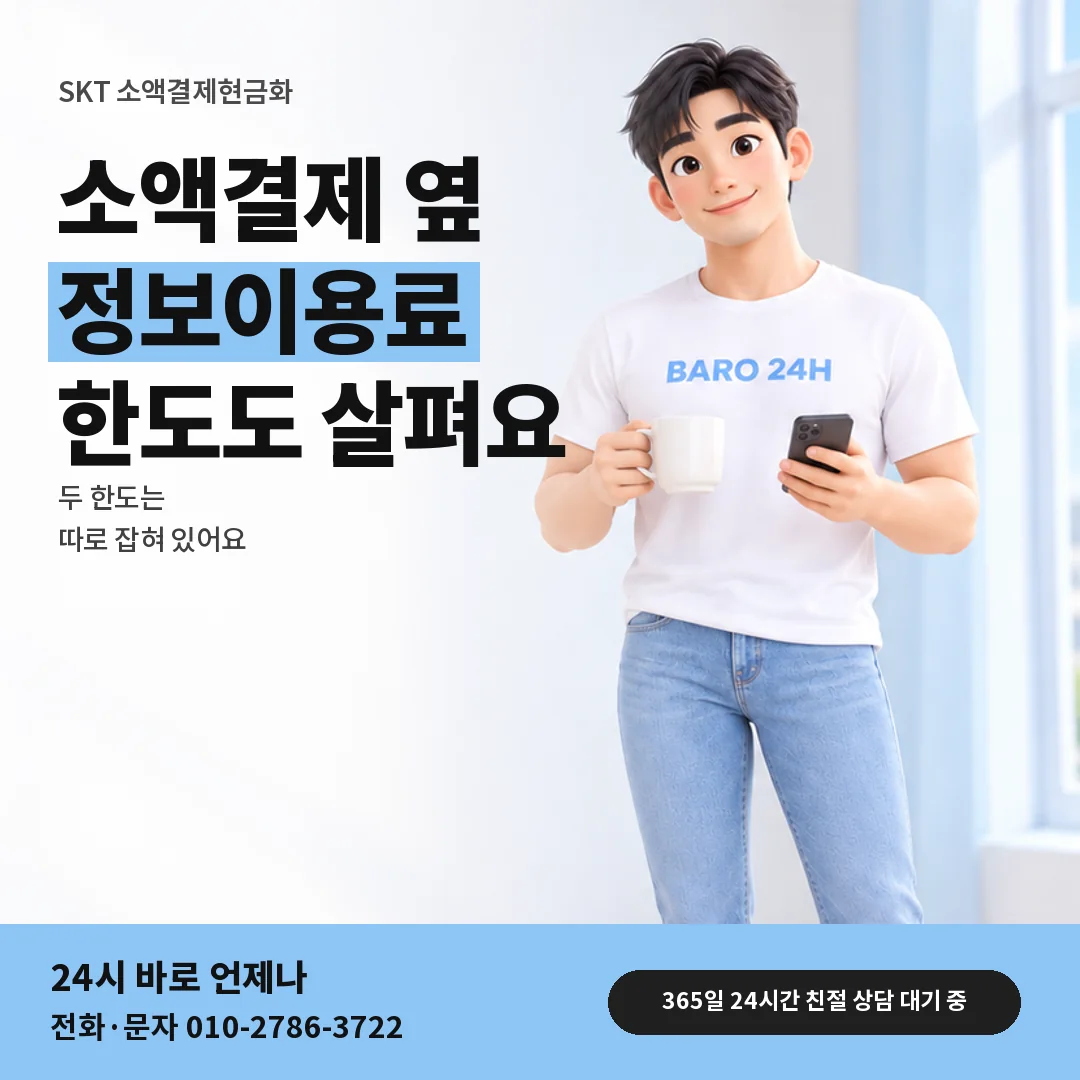 휴대폰을 보며 웃는 BARO 24H 티셔츠를 입은 3D 인물 옆에 「SKT 정보이용료 한도 살피기」 제목을 얹은 안내 카드