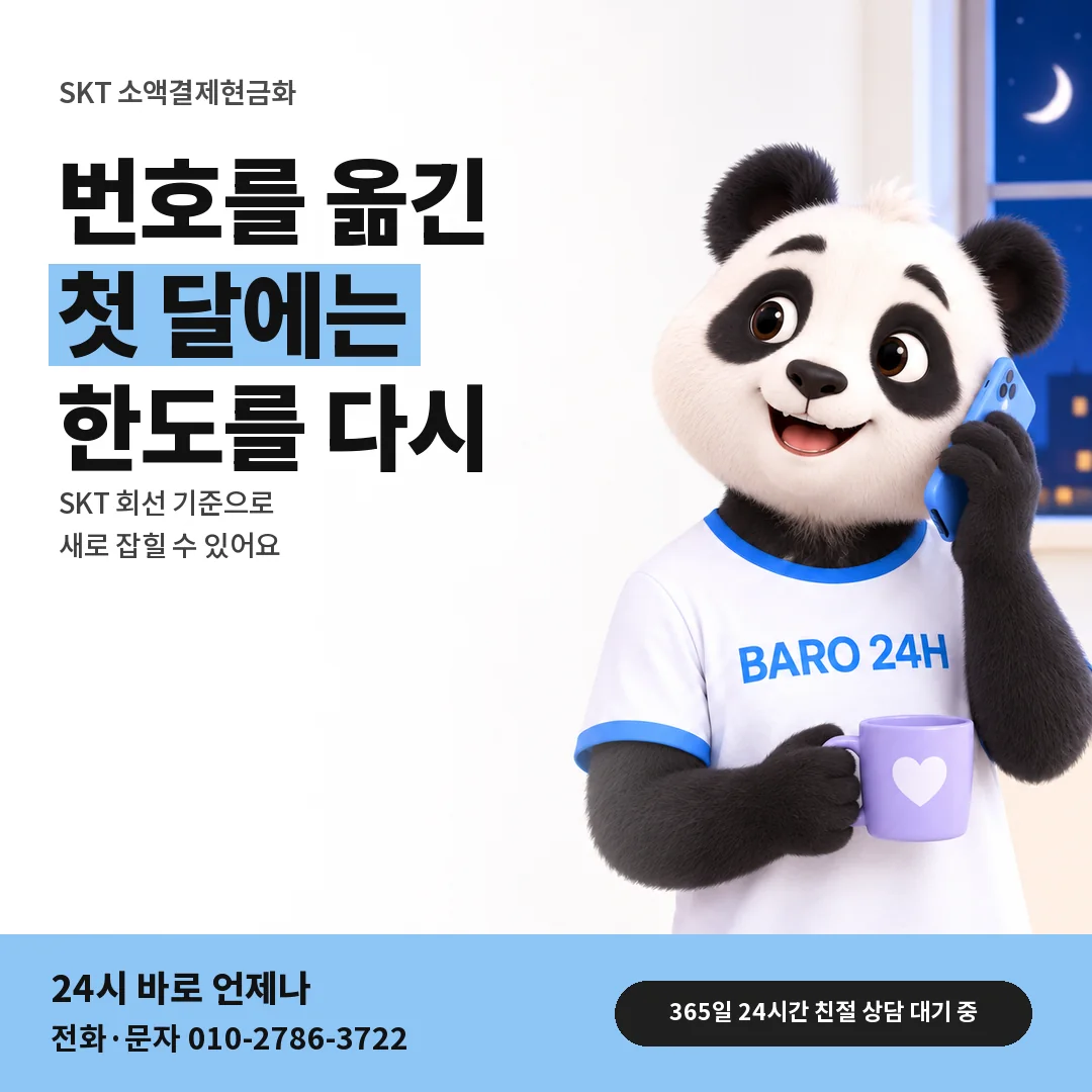 BARO 24H 티셔츠를 입은 3D 동물 캐릭터 옆에 「SKT 번호이동 직후 한도」 제목을 얹은 안내 카드